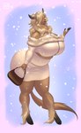 anthro big_breasts big_butt bottomwear breasts brown_body brown_fur butt clothing covered_eyes female fur hair hair_over_eyes hooves horn huge_breasts huge_butt purse skirt snow solo tail thick_thighs wide_hips holivi freya_(wintertopdog) bovid bovine cattle highland_cattle mammal 2023 absurd_res hi_res