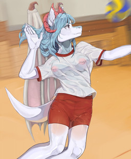 action_scene anthro areola ball biped blue_hair bottomwear camel_toe clothed clothing female hair inside long_hair membrane_(anatomy) membranous_wings motion_blur nipple_piercing nipples piercing pink_areola pink_nipples red_bottomwear red_clothing red_shorts shirt shorts snout solo spikes spikes_(anatomy) sport tail topwear translucent translucent_clothing translucent_shirt translucent_topwear volleyball volleyball_(ball) wet wet_bottomwear wet_clothing wet_shirt wet_shorts wet_topwear white_clothing white_shirt white_topwear wing_spikes wings merzawka mythology caitlyn_bellerose dragon mythological_creature mythological_scalie scalie 2020 digital_media_(artwork) hi_res shaded