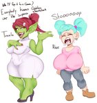 big_breasts bodily_fluids breast_size_difference breasts clothed clothing dialogue duo female footwear green_body green_skin high_heels huge_breasts not_furry sharp_teeth shoes short_stack simple_background tears teeth text thick_thighs white_background wide_hips sundown_(artist) blizzard_entertainment warcraft gnome goblin humanoid absurd_res english_text hi_res