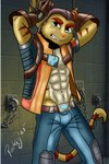 anthro belt bottomwear bulge clothing green_eyes inside long_tail male pants solo tail rockeythelombax ratchet_and_clank sony_corporation sony_interactive_entertainment ratchet_(ratchet_and_clank) lombax mammal hi_res signature