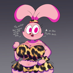 4_fingers abstract_background accessory aged_up animal_print anthro belly big_breasts big_butt bottomwear bouncing_breasts bouncing_butt bra breast_jiggle breasts bubble_butt butt butt_from_the_front butt_jiggle cleavage clothed clothing curvy_figure dialogue eyelashes fangs female fingers front_view fur glistening glistening_body glistening_breasts glistening_fur glistening_nose gradient_background grey_background hair_accessory hair_tie hand_on_hip hand_on_own_hip hourglass_figure huge_breasts huge_butt huge_hips huge_thighs jiggling leopard_print looking_at_viewer midriff miniskirt motion_lines navel open_mouth open_smile outline pink_body pink_eyes pink_fur pink_tongue red_nose shadow sharp_teeth simple_background skirt slightly_chubby small_waist smile solo standing talking_to_viewer teeth text thick_thighs thigh_jiggle tongue underwear voluptuous wide_hips 3barts cartoon_network chowder_(series) panini_(chowder) lagomorph leporid mammal rabbit 1:1 2020 absurd_res digital_media_(artwork) english_text hi_res shaded
