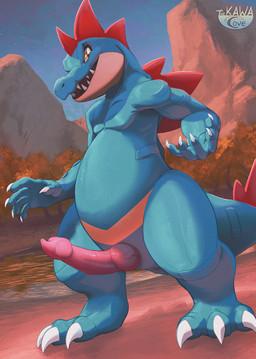 3_toes 5_fingers animal_genitalia animal_penis anthro anus barely_visible_anus belly blue_body claws crocodilian_penis digitigrade erection feet finger_claws fingers forest genitals knot knotted_penis logo looking_at_viewer male male_anthro mountain nude outside penis plant sharp_teeth sky snout solo tail teeth toe_claws toes tree water yellow_body yellow_eyes drakawa nintendo pokemon feraligatr generation_2_pokemon pokemon_(species) scalie artist_logo digital_media_(artwork) shaded watermark