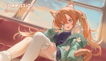 :d breasts clothing dress electronics female hair inside_train jacket legwear looking_at_viewer microphone orange_hair pigtails sky smile solo tail thigh_highs topwear cloneko_(zelmeledf2) vtuber animal_humanoid cat_humanoid felid felid_humanoid feline feline_humanoid humanoid mammal mammal_humanoid 2026 hi_res