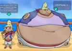 belly big_belly black_eyes blonde_hair blue_clothing blue_coat blue_topwear bottomwear cheek_bulge chubby_cheeks clothed clothing coat female food grey_bottomwear grey_clothing grey_pants hair holding_food holding_object huge_belly huge_cheeks hyper hyper_belly immobile morbidly_obese morbidly_obese_female morbidly_obese_humanoid not_furry obese obese_female obese_humanoid open_clothing open_coat open_topwear overweight overweight_female overweight_humanoid pants pirate purple_clothing purple_shirt purple_topwear round_body sea ship shirt solo tan_body tan_skin text topwear vehicle water watercraft edgeofmind nintendo the_legend_of_zelda wind_waker pirate_leader_tetra humanoid hylian 2019 cel_shading colored digital_media_(artwork) english_text shaded