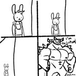 abs anthro big_muscles clothed clothing dialogue duo horn huge_muscles humor hyper hyper_muscles macro male muscular muscular_anthro muscular_male nipples nude pecs size_difference size_play small_dom_big_sub smile spikes spikes_(anatomy) text unexpected_sub what_a_twist spedumon mythology small_on_top adventurer_(small_on_top) dragon lagomorph leporid mammal mythological_creature mythological_scalie rabbit scalie 1:1 2020 black_and_white comic english_text hi_res monochrome