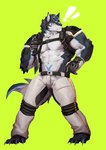 2022 absurd_res anthro archermagnum bottomwear canid canine canis clothed clothing digitigrade exclamation_point fur harness hi_res male mammal muscular muscular_anthro muscular_male pants raichi47 simple_background solo tattoo thunderrangers topless topless_male white_clothing wolf