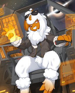 3_fingers 3_toes ambiguous_gender black_hole claws clenched_teeth clothed clothed_ambiguous clothed_feral clothing eyewear feet feral finger_claws fingers front_view fur glasses horn jacket red_sclera sitting smile solo teeth toe_claws toes topwear white_body white_eyes white_fur zinfyu nintendo pokemon absol generation_3_pokemon pokemon_(species) 2026 absurd_res digital_drawing_(artwork) digital_media_(artwork) hi_res