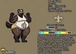 anthro belly big_belly bishop_(wbu) bottomwear brown_body character_name clothed clothing digital_media_(artwork) english_text fur hair hyena logo male mammal model_sheet moobs new_orleans_saints nfl overweight overweight_anthro overweight_male pixel_(artwork) shirt shorts simple_background smile solo sport standing tail tank_top text thick_thighs topwear wbu