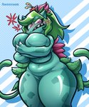 anthro aweeeson big_breasts breast_grab breast_squish breasts claws elemental_creature emanata female flora_fauna flower_(anatomy) front_view generation_1_pokemon genitals green_hair hair hand_on_breast hi_res huge_breasts ivysaur navel navel_piercing nintendo nude piercing plant pokemon pokemon_(species) pussy sharp_teeth slightly_chubby solo squish standing teeth thick_thighs vines wide_hips