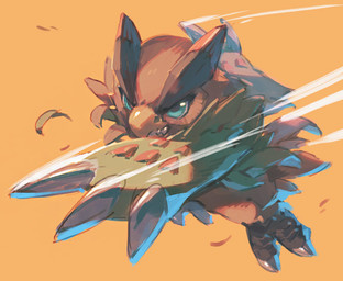 3_fingers angry attack beak blue_eyes brown_body brown_feathers claws feathers feet feral fingers green_body green_feathers male orange_background simple_background solo talons teeth toes wings garrrzzz bandai_namco digimon digimon_survive falcomon_(survive) avian bird digimon_(species) falcomon
