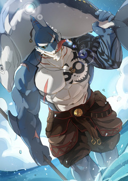 abdominal_scar abs anthro arm_scar arm_tattoo biceps black_body black_scales black_sclera black_tattoo blue_body blue_eyes blue_scales blue_sky bottomwear brown_bottomwear brown_clothing brown_shorts chest_scar chest_tattoo clothed clothing cloud day deltoids elbow_fin eye_scar facial_hair facial_scar feral fin fin_scar gills goatee hip_scar holding_fish holding_melee_weapon holding_object holding_polearm holding_weapon holster knife knife_holster licking licking_lips looking_at_viewer male male_anthro melee_weapon multicolored_body multicolored_scales muscular muscular_anthro muscular_male navel open_mouth partially_submerged pecs polearm scales scar shorts shoulder_scar shoulder_tattoo sideburns sky solo standing_in_water tattoo tongue tongue_out topless topless_anthro topless_male water weapon white_body white_facial_hair white_scales cacaisfree ronos aquatic fish shark 2025 absurd_res hi_res