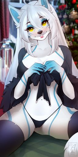 5_fingers anthro biped breasts claws clothed clothed_anthro clothed_female clothing female finger_claws fingers front_view fur hair legwear long_hair looking_at_viewer panties solo teeth thigh_highs underwear white_body white_fur white_hair yellow_eyes art-abaddon canid canine mammal 1:2 2026 digital_drawing_(artwork) digital_media_(artwork) hi_res