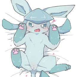 3_fingers 3_toes aroused bed bed_sheet bedding blue_body blue_eyes blue_fur blue_inner_ear blue_sclera blush bodily_fluids cute_fangs dot_nose embarrassed fangs feet female feral fingers fluffy fur furniture genitals glistening glistening_body glistening_fur handpaw heart_symbol high-angle_view hindpaw looking_at_viewer lying motion_lines multicolored_body on_back on_bed open_mouth paw_pose pawpads paws pink_mouth pink_pawpads pink_tongue pointy_ears pose prick_ears pupils saliva saliva_string shaking solo spread_legs spreading tail teardrop tears teeth thin_tail toes tongue trembling twitching two_tone_body vulva white_pupils k3 nintendo pokemon eeveelution generation_4_pokemon glaceon pokemon_(species) censored digital_drawing_(artwork) digital_media_(artwork) shaded