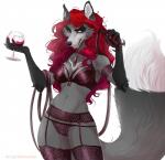 alcohol anthro beverage bra clothing dominatrix female genitals hair lace lingerie long_hair looking_at_viewer open_mouth panties pussy red_eyes red_hair simple_background solo translucent translucent_clothing translucent_panties translucent_underwear underwear whip wine kikimochan vermillion canid canine fox mammal vampire absurd_res hi_res story_at_source