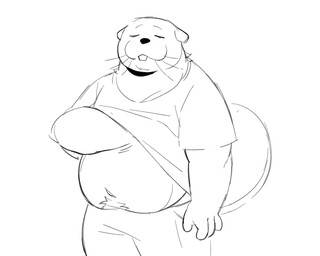 anthro belly bottomwear clothing eyes_closed male navel overweight overweight_male pants shirt solo standing topwear lyamsparkle disney hoppers_(disney) pixar loaf_(hoppers) beaver mammal rodent 2026 5:4 hi_res monochrome