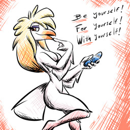 anthro avian_feet beak blonde_hair breasts brown_eyes eyeshadow feathers female gesture hair hand_gesture holding_object holding_sex_toy holding_vibrator long_hair looking_away makeup medium_breasts non-mammal_breasts orange_beak pink_body pointing pointing_at_self purple_eyeshadow sex_toy side_view solo speech_bubble tail tail_feathers text vibrator white_body white_feathers winged_arms wings yellow_beak bassybefuddle conditional_dnp lizzy_(flyper) avian bird gull lari larid 1:1 2021 english_text hi_res
