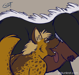 anthro armpit_hair armpit_sniffing athletic belly body_hair dark_nipples duo fangs fur hair male male/male markings overweight overweight_male sniffing spots spotted_body spotted_fur teeth tongue tongue_out white_hair gtskunkrat gtskunkrat_(character) hybrid hyena mammal mephitid murid murine rat rodent skunk