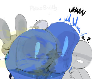 accident ambiguous_gender anthro anthro_focus ass_to_face bald bent_over big_butt blue_bottomwear blue_clothing blue_pants bottomwear butt butt_slam clothed clothing dirty dirty_clothing duo eyeless feces female fingerless_gloves fur gloves grey_background grey_body grey_fur grey_skin handwear huge_butt huge_thighs hyper hyper_butt long_ears pants rear_view scut_tail shart shit_stains short_tail simple_background smelly smelly_butt soiled stink_cloud tail text thick_thighs tight_bottomwear tight_clothing tight_pants topless topless_humanoid novacartridge disney zootopia anon judy_hopps humanoid lagomorph leporid mammal rabbit digital_drawing_(artwork) digital_media_(artwork) english_text hi_res