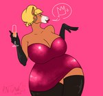 alcohol anthro armwear beverage big_breasts black_clothing black_legwear black_thigh_highs blonde_hair breasts brown_body brown_fur clothed clothing clothing_lift crown dress ear_piercing ear_ring elbow_gloves female fur gloves hair handwear headgear hoop_ear_ring legwear lipstick makeup piercing pink_clothing ring_piercing simple_background solo speech_bubble thick_thighs thigh_highs rattdawg fiona_maray equid equine horse mammal hi_res