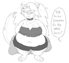 anthro arm_tuft belly belly_overhang belly_shirt big_belly big_breasts bodily_fluids bottomwear breasts cheek_tuft closed_frown clothed clothing collar deep_navel dialogue eye_bags eye_through_hair eyelashes facial_tuft fat_belly fat_legs feet female fluffy fluffy_tail frown fur grey_bottomwear grey_clothing grey_collar grey_shorts grey_topwear grocery_bag hair hair_over_eye hands_behind_back hindpaw inner_ear_fluff long_hair long_tail looking_away mouth_closed navel nervous occult_symbol offscreen_character overweight overweight_anthro overweight_female pants paws pentagram pentagram_top pointy_ears prick_ears shirt shorts shoulder_tuft simple_background solo speech_bubble spiked_collar spikes standing sweat sweating_profusely symbol tail text thick_thighs topwear torn_clothing torn_topwear translucent translucent_hair triangle_nose tuft white_arms white_background white_belly white_body white_chest white_ears white_eyes white_face white_fur white_hair white_inner_ear white_inner_ear_fluff white_legs white_navel white_neck white_nose white_paws white_tail wide_hips rumcoat hellaverse helluva_boss loona_(helluva_boss) canid canine canis mammal wolf digital_drawing_(artwork) digital_media_(artwork) english_text handwritten_text monochrome