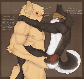 accessory anal anal_penetration animal_genitalia animal_penis anthro athletic athletic_male bandanna_on_forehead begging black_body black_eyes black_fur blonde_hair blush bodily_fluids brown_eyes canine_genitalia canine_penis countershading curled_tail duo ear_piercing edging fur genitals hair hands_behind_head headband heart_symbol holding_onto_partner holding_partner male male/male muscular muscular_male nipples nude orgasm_denial penetration penile penile_penetration penis penis_in_ass piercing power_bottom resisting_orgasm sex shaking size_difference smile speech_bubble tail tears tears_of_desperation text trembling whining white_body white_fur x-ray_view yellow_body yellow_fur cerberussenn riko_cahya_(cerberussenn) sascha_roh_(cerberussenn) bird_dog canid canine canis domestic_dog golden_retriever hunting_dog husky mammal nordic_sled_dog retriever spitz absurd_res english_text hi_res signature