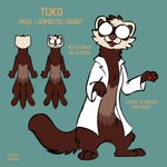 1:1 2024 anthro big_glasses brown_body brown_fur brown_inner_ear brown_nose character_name clothing cloudpie coat conditional_dnp digital_drawing_(artwork) digital_media_(artwork) domestic_ferret english_text eyewear fangs flat_colors fur glasses handpaw head_tuft hi_res hindpaw lab_coat male mammal model_sheet mustelid musteline opaque_glasses open_mouth open_smile pawpads paws plantigrade red_pawpads red_tongue round_glasses semi-anthro simple_background smile solo standing tail teal_background teeth text tongue topwear true_musteline tuft weasel white_body white_fur yellow_text