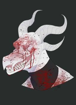 abstract_background anthro blind blood blood_drip blood_in_mouth blood_on_face blood_splatter blood_stain bodily_fluids clothing creepy disability dripping eyeless fangs gore grey_horn grin horn male smile solo teeth white_body sobakasatany mythology saren_(saren662) dragon mythological_creature mythological_scalie scalie 2022 absurd_res bust_portrait hi_res portrait