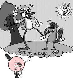 2_toes 3_toes 4_fingers anthro avian_feet barefoot beak big_eyes big_head bite biting_lip biting_own_lip clothed clothing day facial_hair feathers featureless_crotch feet fingers fist fleischer_style_toon gesture gloves group hand_gesture handwear hat headgear headwear huge_head lips male mostly_nude mustache on_one_leg open_beak open_mouth open_smile outside parody pink_body pink_skin plant raised_finger raised_index_finger raised_tail self_bite shirt simple_background size_difference smile standing stripes style_emulation sun tail tail_feathers teeth text thought_bubble toes tongue toony top_hat topwear tree white_background adriofthedead cartoon_network regular_show mordecai_(regular_show) rigby_(regular_show) avian bird blue_jay corvid human jay_(bird) mammal new_world_jay oscine passerine procyonid raccoon english_text
