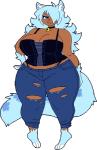 :3 arm_tuft barefoot bell bell_collar big_breasts biped black_clothing black_topwear blue_body blue_bottomwear blue_clothing blue_eyes blue_fur blue_hair bottomwear breasts brown_body brown_skin bustier cleavage clothed clothing collar curvy_figure dark_body dark_skin denim denim_bottomwear denim_clothing digitigrade feet female fingerless_(marking) fluffy fluffy_tail front_view fur gloves_(marking) hair half-closed_eyes hand_on_hip hindpaw huge_breasts inner_ear_fluff jeans leg_markings long_hair long_tail looking_at_viewer markings multicolored_body multicolored_fur narrowed_eyes overweight overweight_female overweight_humanoid pants paws simple_background smile socks_(marking) solo standing striped_markings striped_tail stripes tail tail_markings toeless_(marking) topwear torn_bottomwear torn_clothing torn_jeans torn_pants tuft two_tone_body two_tone_fur voluptuous white_background white_body white_fur fukmin-dx sophie_(fukmin-dx) animal_humanoid cat_humanoid felid felid_humanoid feline feline_humanoid humanoid mammal mammal_humanoid 2016 aliasing digital_media_(artwork) full-length_portrait portrait