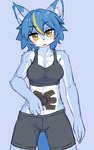 2019 5:8 5_fingers anthro big_breasts black_bottomwear black_bra black_clothing black_shorts black_sports_bra black_underwear blonde_highlights blue_background blue_body blue_fur blue_hair blush bottomwear bra breasts canid canine cleavage clothed clothing ear_tuft female female_anthro fingers fox fur hair highlights_(coloring) kemono looking_at_viewer mammal multicolored_body multicolored_fur muscular muscular_anthro muscular_female nanahoshi_suzu ohakotome shorts simple_background snout solo spandex spandex_shorts sports_bra standing tight_bottomwear tight_clothing tight_shorts tuft two_tone_body two_tone_fur underwear vtuber white_body white_fur yellow_eyes