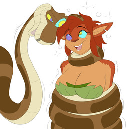 anthro anthro_on_feral bare_shoulders bestiality big_breasts blush blush_lines breasts brown_body brown_fur brown_hair brown_scales cleavage clothed clothed_anthro clothed_female clothing coiling coiling_around_body coiling_around_neck dominant dominant_feral dominant_male duo eye_contact female female_anthro female_on_feral feral fur green_clothing hair hypnosis hypnotic_eyes leaf_clothing looking_at_another male male/female male_feral male_on_anthro mind_control motion_lines notched_ear open_mouth restrained_arms ringed_eyes scales simple_background smile squeezing strapless_clothing submissive submissive_anthro submissive_female tail_on_head white_background plsgts activision spyro_the_dragon the_jungle_book elora kaa_(jungle_book) deer faun_(spyro) indian_python mammal python reptile scalie snake 2019