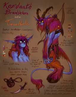 accessory axe bag beard blue_body blue_eyes blue_skin body_hair bottomwear bow_(weapon) chest_hair clothing color_swatch dagger ear_tuft facial_hair facial_markings female fur furgonomics glowing glowing_eyes hair head_markings hooves horizontal_pupils horn horn_accessory humanoid_pointy_ears hunched_over jewelry leaves_in_hair loincloth long_hair long_tail markings melee_weapon muscular necklace orange_eyes orange_hair pink_body pink_fur pink_hair pointy_ears pupils quiver_(object) ranged_weapon ring_(jewelry) sharp_teeth smile smug_face solo tail tail_tuft teeth text topwear tuft vein veiny_muscles weapon taraelblackwing blizzard_entertainment warcraft koz'daath_bramblehorn_(taraelblackwing) demon elf humanoid night_elf satyr english_text hi_res model_sheet