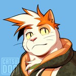 anthro chest_tuft clothing ear_tuft fur highlights_(coloring) hood jacket looking_at_viewer male orange_highlights solo topwear tuft white_body white_fur yellow_eyes catsudon nyagiri_(catsudon) domestic_cat felid feline felis mammal 1:1 hi_res portrait