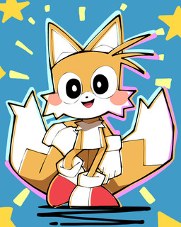 ambiguous_gender anthro biped black_eyes bright_colors clothing dipstick_tail fingers footwear front_view fur gloves hand_on_hip handwear looking_at_viewer markings open_mouth open_smile pupils red_clothing red_footwear red_shoes rosy_cheeks shoes smile smiling_at_viewer solo star_polygon tail tail_markings white_body white_clothing white_fur white_gloves white_handwear white_inner_ear white_pupils white_sclera white_tail_tip yellow_body yellow_ears yellow_fur yellow_tail abyss_creature_(artist) sega sonic_the_hedgehog_(series) miles_prower canid canine fox mammal 2024 4:5 absurd_res digital_media_(artwork) full-length_portrait hi_res korean_description portrait male_(lore)