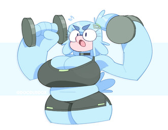 accessory anthro athletic_wear beak belly big_belly big_breasts black_clothing blue_body blue_feathers bra breasts choker cleavage clothed clothing dumbbell exercise eyewear feather_hands feathers female glasses hair hair_accessory hair_tie hairclip holding_object huge_breasts jewelry navel necklace round_glasses solo sports_bra sweatdrop_(iconography) tail thick_thighs tied_hair underwear weightlifting weights workout doodledox verity_(doodledox) avian bird 2023 portrait three-quarter_portrait
