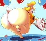 2019 animal_crossing anthro balloon big_butt blonde_hair bottomless breasts butt butt_focus cake canid canine canis clothed clothing dessert domestic_dog female food fur hair hi_res hoodah huge_butt huge_hips hyper hyper_butt inflatable isabelle_(animal_crossing) mammal nintendo open_mouth pawpads shih_tzu solo thick_thighs toy_dog wide_hips yellow_body yellow_fur