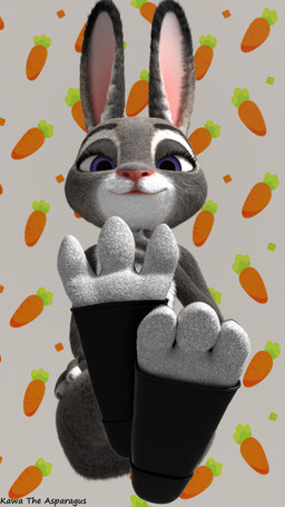 anthro big_feet carrot clothing feet feet_together female food foot_focus footwear footwear_only fur grey_body grey_fur hand_on_chest hand_on_leg looking_at_viewer mostly_nude multicolored_body multicolored_fur pattern_background plant plantigrade purple_eyes simple_background smile smiling_at_viewer soles solo spread_toes text toeless_footwear toes two_tone_body two_tone_fur vegetable white_body white_fur kawa_the_asparagus disney zootopia judy_hopps lagomorph leporid mammal rabbit 3d_(artwork) 4k 9:16 absurd_res artist_name digital_media_(artwork) hi_res huge_filesize signature