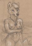 anthro arm_under_breasts bed breasts female furniture genitals jewelry necklace nipples nude pillow pussy small_breasts smile snout solo wide_hips cadmiumtea canid canine canis mammal wolf 2023 absurd_res hi_res monochrome traditional_media_(artwork)