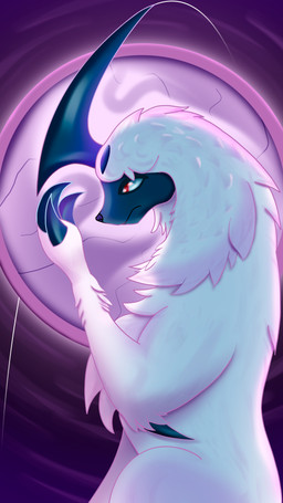 ambiguous_gender claws feral fluffy fluffy_chest fur future_sight horn red_eyes side_view sitting solo white_body white_fur snipesbel nintendo pokemon absol generation_3_pokemon pokemon_(species) 2026 4k 9:16 absurd_res digital_media_(artwork) hi_res