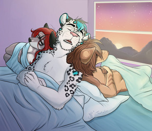 anthro bed bed_sheet bedding bedroom biped chest_tuft furniture group male open_mouth pillow sleeping sunrise teeth text tongue tuft whiskers jackaloo naughty-nebula victory_(texdot) felid mammal pantherine snow_leopard unknown_species character_request english_text signature