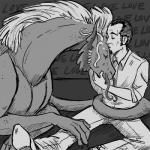 barbel_(anatomy) clothed clothing duo eyes_closed facial_hair flesh_whiskers goatee hair holding_head interspecies kissing kissing_forehead male sitting size_difference ives mythology dragon human mammal mythological_creature mythological_scalie scalie 1:1 2010 digital_drawing_(artwork) digital_media_(artwork) greyscale monochrome