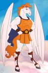 anthro armor bedroom_eyes blonde_hair bracers cape clothing feathered_wings feathers fur hair hooves looking_at_viewer male metal_armor narrowed_eyes seductive smile solo tail white_body white_fur wings fuf disney disney's_hercules mythology hercules_(disney) equid equine mammal mythological_creature mythological_equine pegasus hi_res