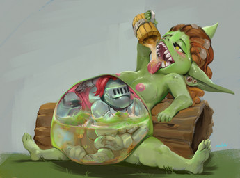 ambiguous_gender areola armor belly big_belly big_ears blush bodily_fluids brown_hair container cup drinking duo ear_piercing female female_pred fully_inside gauged_ear green_body green_eyes green_skin hair holding_container holding_cup holding_object huge_belly humanoid_pred inside_stomach internal knight larger_female larger_humanoid narrowed_eyes nipples not_furry nude open_mouth oral_vore piercing red_areola red_nipples red_tongue saliva saliva_string same_size_vore shortstack sitting size_difference smaller_ambiguous smaller_human spread_legs spreading stomach_acid tongue vore warrior oselotti goblin human humanoid mammal 2023 hi_res signature