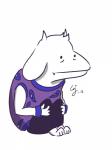 anthro female fur fusion hair horn jersey simple_background sitting solo white_background white_body white_fur worried wristband thejunkbinch dingaling_productions lisa_the_painful undertale undertale_(series) terry_hintz toriel boss_monster_(undertale) bovid caprine human mammal 3:4 absurd_res crossover hi_res signature