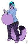 anthro belly big_belly black_bottomwear black_clothing blue_clothing blue_hair blue_topwear bottomwear closed_smile clothed clothing female fur green_eyes hair huge_belly logo mouth_closed navel open_clothing open_topwear pregnant pregnant_anthro pregnant_female purple_body purple_fur simple_background smile solo spotted_face spotted_legs standing topwear white_background milk-jug felid mammal artist_logo hi_res