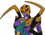 clothing decepticon decepticon_insignia duo female gloves handwear hug machine male not_furry pink_eyes red_eyes romantic romantic_couple simple_background white_background prisonsuit_rabbit hasbro takara_tomy transformers transformers:_animated_(2007) blackarachnia waspinator humanoid robot absurd_res hi_res