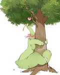 antennae_(anatomy) anthro anthrofied big_breasts blush breast_squish breasts claws eyelashes featureless_breasts feet female flower_(anatomy) food fruit grass green_body green_skin green_tail half-closed_eyes hug huge_breasts hugging_object leaf long_neck looking_up monotone_body monotone_skin narrowed_eyes open_mouth pink_mouth pink_tongue plant pokeball pokemorph pupils short_tail sitting solo squish tail thick_thighs toe_claws tongue translucent tree white_sclera yellow_eyes abyss_creature_(artist) nintendo pokemon generation_2_pokemon meganium pokemon_(species) 2024 4:5 absurd_res colored digital_media_(artwork) full-length_portrait hi_res portrait shaded