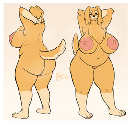 4_toes anthro areola arm_tuft armpit_tuft arms_bent belly bent_arm big_areola big_breasts big_butt big_iris big_nipples biped black_eyes black_nose border breasts butt chest_tuft closed_smile deep_navel ear_tuft elbow_tuft eyebrows eyelashes feet female fingers floppy_ears fluffy fluffy_chest folded_ears fur fur_tuft genitals glistening glistening_eyes gloves_(marking) hand_on_head hand_on_own_head hands_behind_head hands_together huge_areola huge_breasts huge_butt huge_nipples humanoid_hands innie_vulva iris leg_markings light_areola light_body light_fur light_nipples looking_at_viewer markings mature_anthro mature_female mouth_closed multicolored_body multicolored_fur multicolored_tail multiple_angles navel nipple_dip nipples no_pupils nude nude_anthro nude_female pawpads pink_areola pink_nipples pink_pawpads pink_vulva plantigrade plantigrade_pawpads pose sagging_butt slightly_chubby slightly_chubby_anthro slightly_chubby_female smile smiling_at_viewer snout socks_(marking) solo standing straight_legs tail tan_body tan_eyebrows tan_fur tan_markings tan_tail thick_eyebrows thick_thighs three-quarter_view toes tuft two_tone_body two_tone_fur two_tone_tail vulva whisker_spots white_border white_sclera yellow_body yellow_breasts yellow_ears yellow_fur yellow_tail alexnik bluey_(series) mrs._retriever_(bluey) bird_dog canid canine canis domestic_dog golden_retriever hunting_dog mammal retriever 2026 absurd_res digital_drawing_(artwork) digital_media_(artwork) hi_res signature watermark