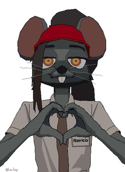 anthro bent_whiskers clothing female gesture hat headgear headwear heart_gesture heart_reaction heart_symbol necktie shirt simple_background smile solo teeth tired tired_eyes topwear whiskers white_background lavtap ratricia_(el-k) mammal murid murine rat rodent digital_media_(artwork) pixel_(artwork)