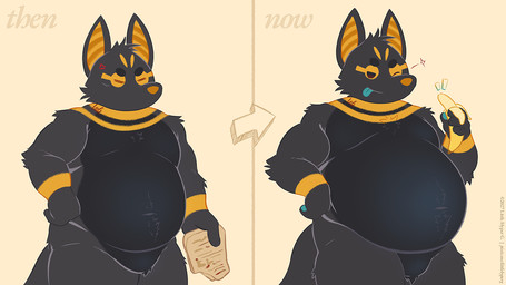 angry anthro banana before_and_after belly big_belly biped black_body black_fur blep egyptian eyes_closed food fruit fur growth_sequence happy holding_banana holding_food holding_fruit holding_object looking_at_viewer male moobs mouthless nude_male one_eye_closed overweight overweight_anthro overweight_male pawpads plant sequential_arrow simple_background smile smiling_at_viewer solo standing tan_background teal_pawpads teal_tongue tongue tongue_out weight_gain wink winking_at_viewer littlehyper egyptian_mythology middle_eastern_mythology mythology pixile_studios super_animal_royale anubis chonk_unabis_(littlehyper) anubian_jackal canid canine canis deity jackal mammal super_anubis_(sar) super_wolf_(sar) 16:9 2023 sequence widescreen